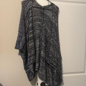 bebe Black and Gray Fuzzy Open-Front Poncho Sweater
